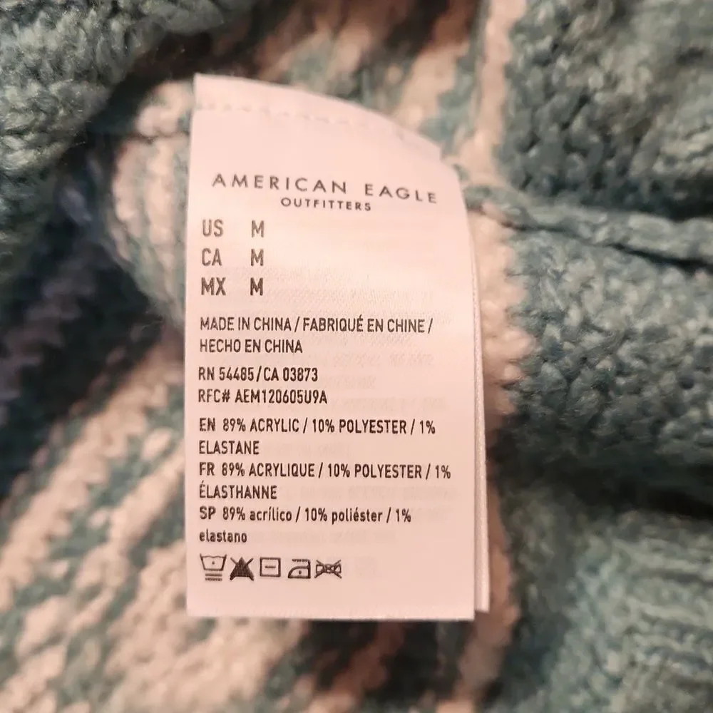 American Eagle Crew Neck Oversized Knit Sweater, Medium, Holiday Green & White